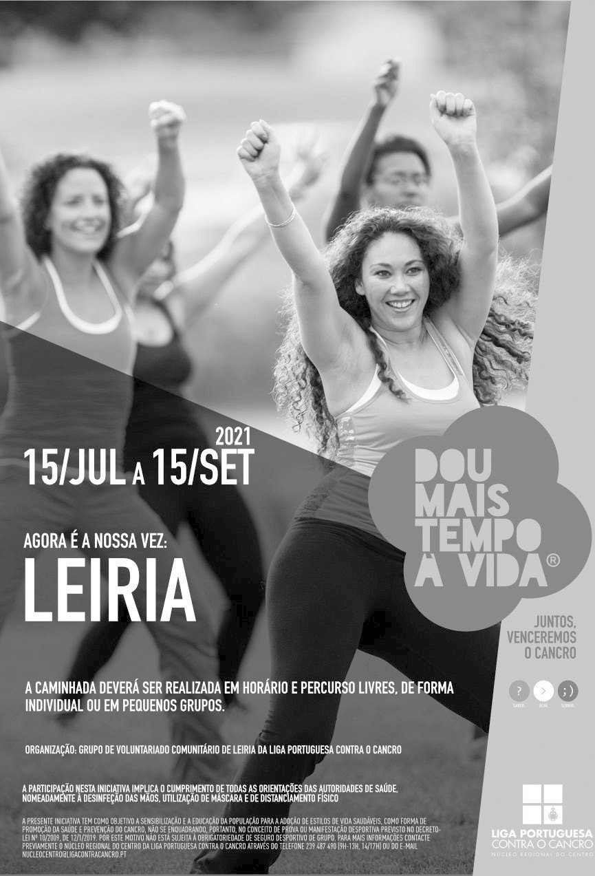Cartaz da Caminhada Solidária «Dou Mais Tempo à Vida» em Leiria, de 15 de julho a 15 de setembro