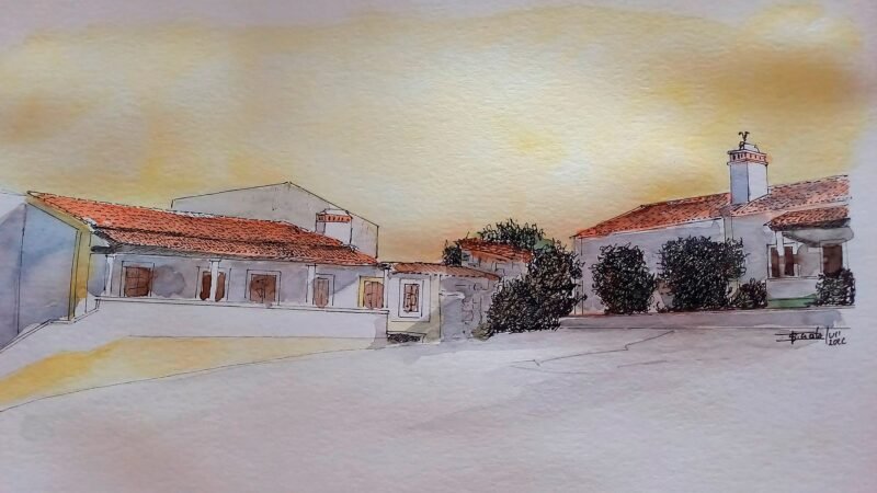 Sede do Rancho Folclórico do Freixial, aguarela de Saul Torcato