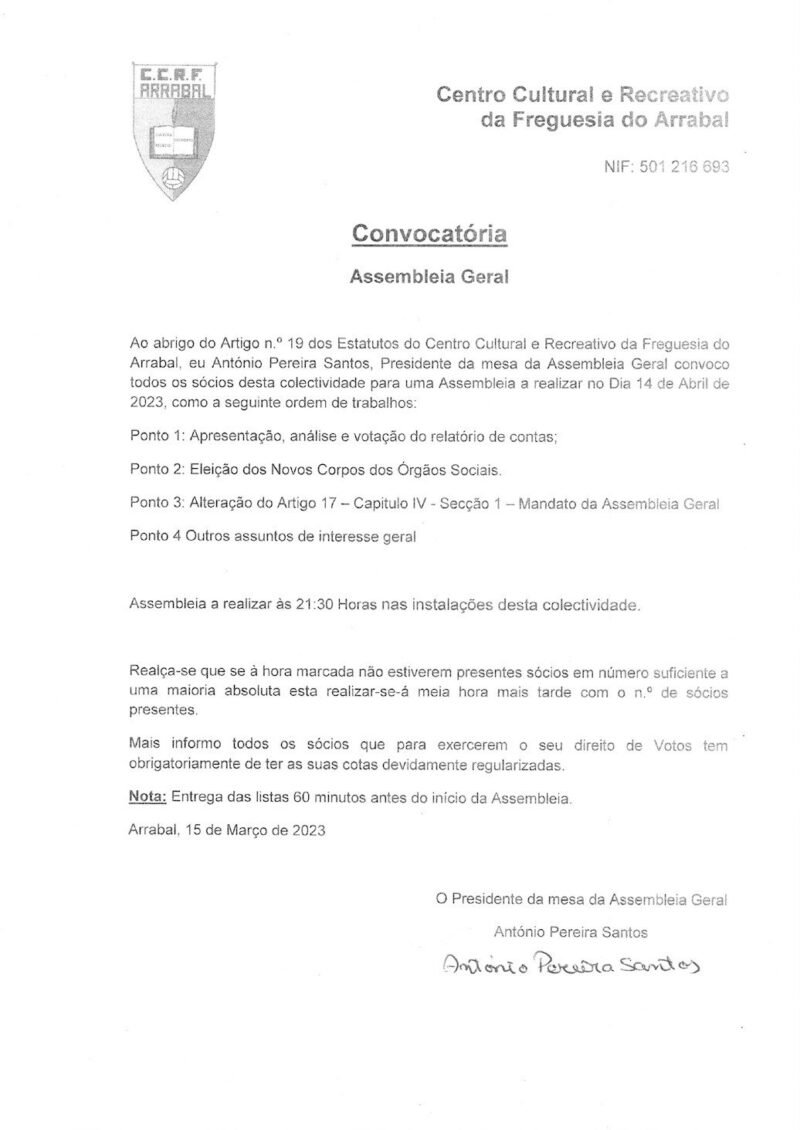 Convocatória – Assembleia Geral do Centro Cultural e Recreativo da Freguesia do Arrabal