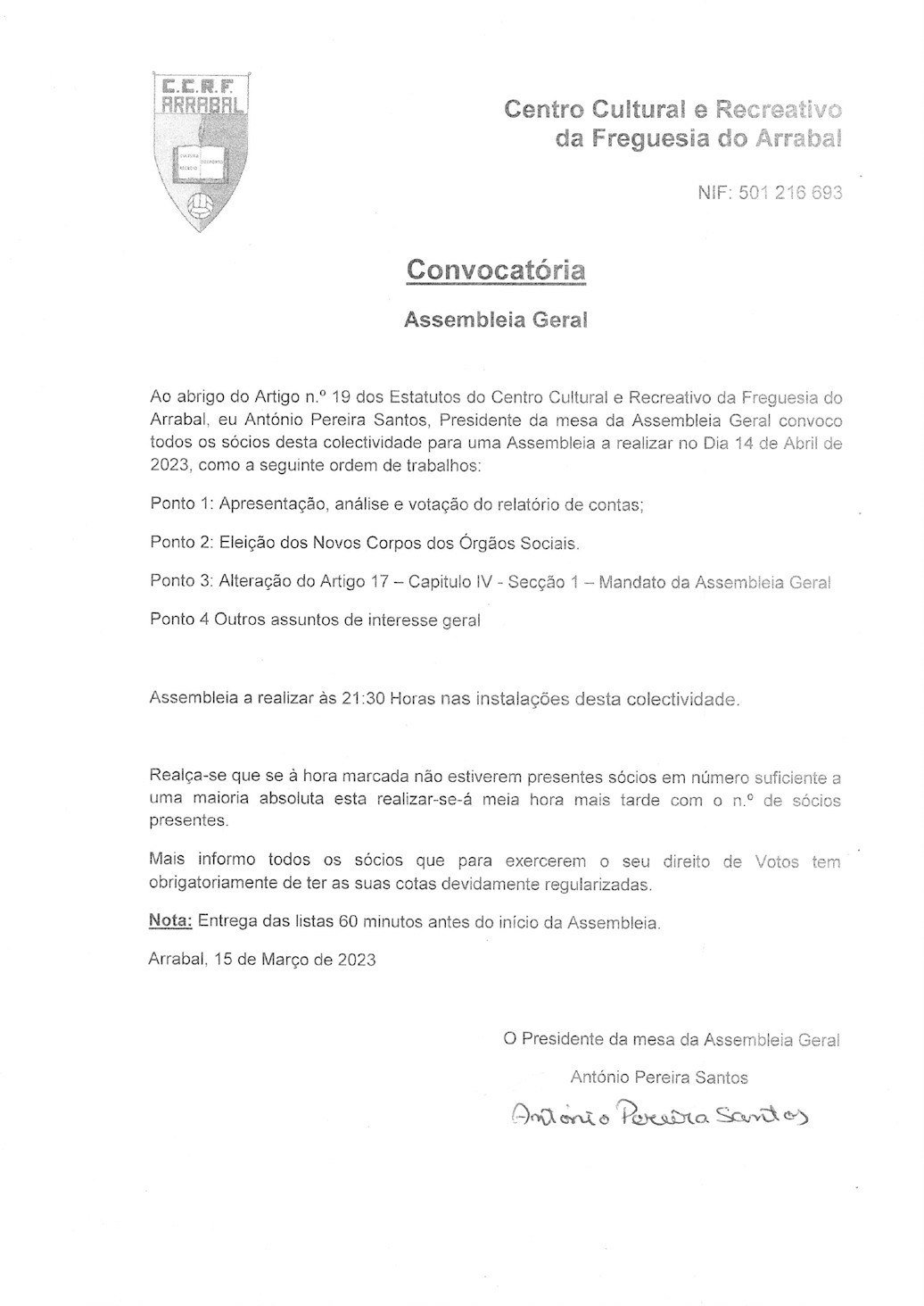 Convocatória – Assembleia Geral do Centro Cultural e Recreativo da Freguesia do Arrabal