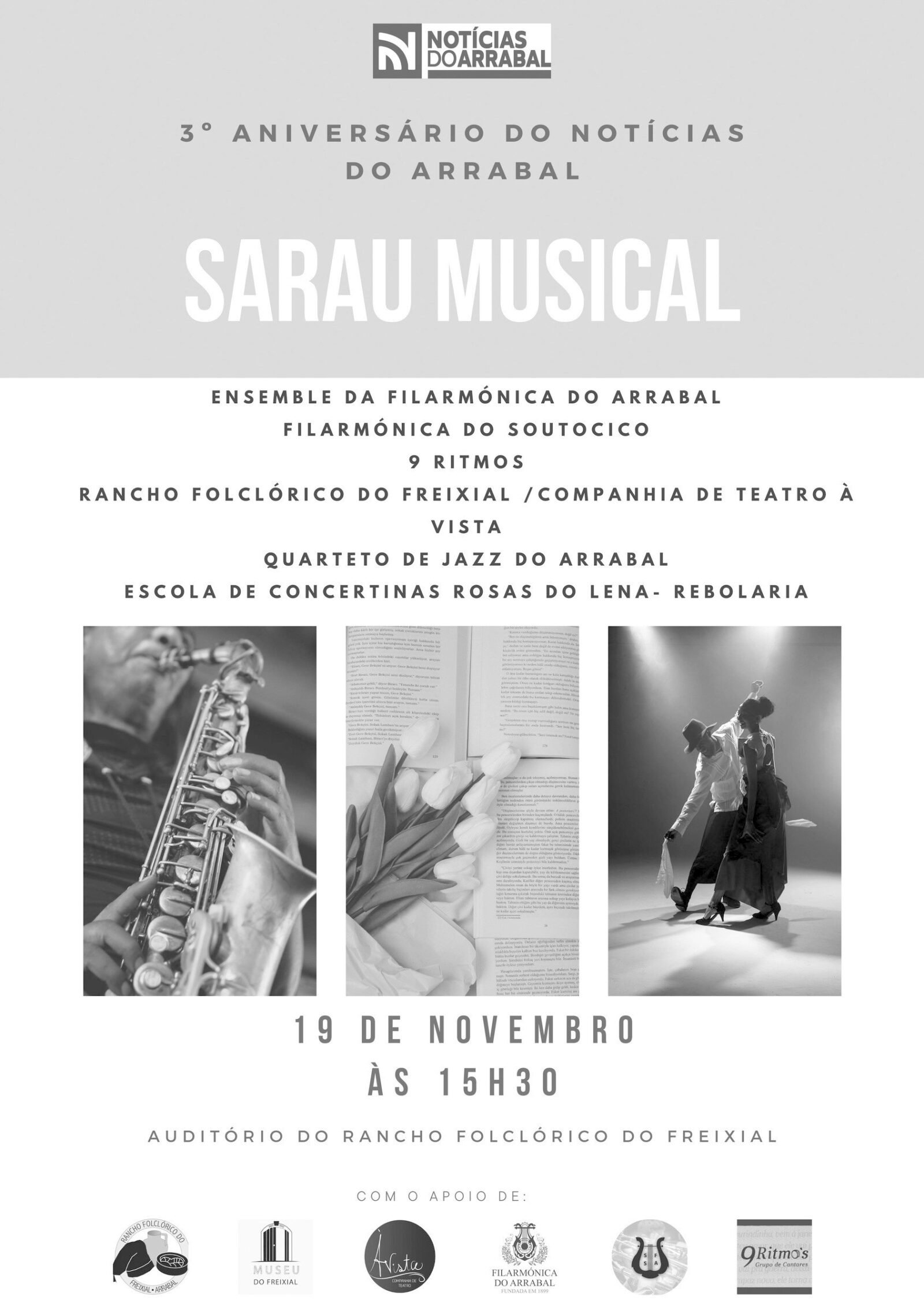 Cartaz do Sarau Musical do 3º aniversário do Notícias do Arrabal