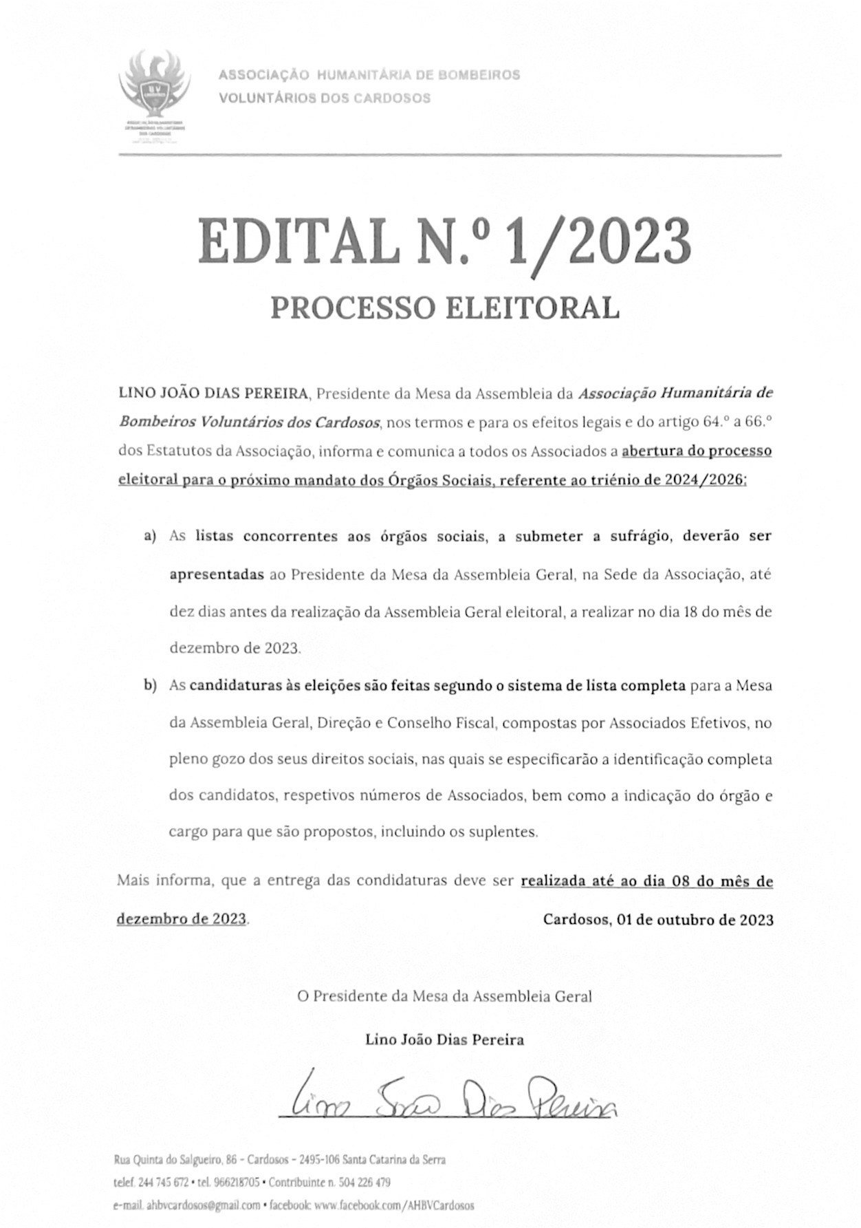 Edital n.º 1/2023 – Processo eleitoral